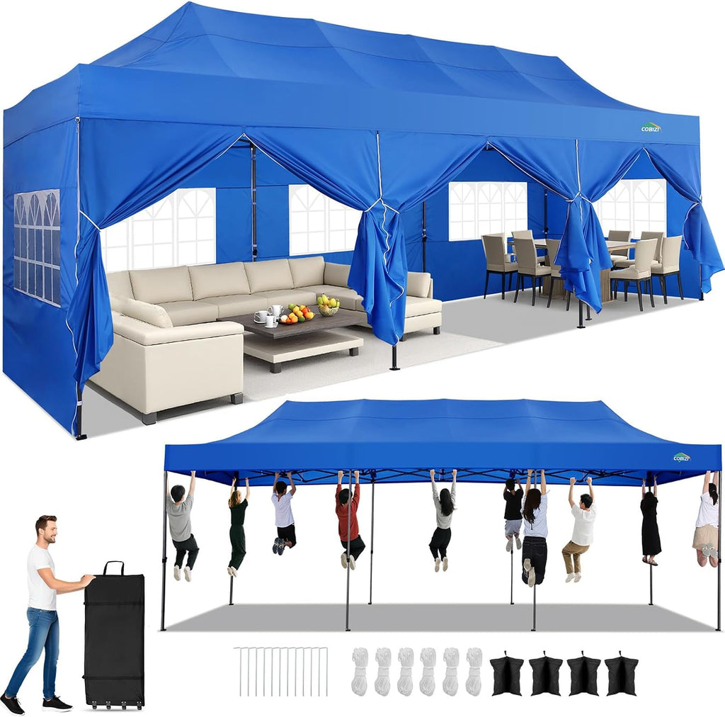COBIZI 10x30 Heavy Duty Pop Up Canopy Tent with 8 Sidewalls Thicken Frame, Commercial Easy Up Outdoor Wedding Party Tents, All Season Waterproof Windproof with Stakes Sandbags Ropes Roller Bag, Blue