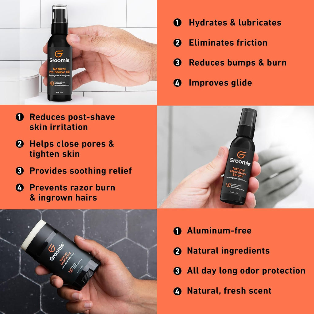 Groomie Mens Grooming Bundle - BaldiePro Electric Head Shaver for Bald Men Includes Travel Case, Charging Dock & Accessory Kit - Deodorant, Scalp & Face Serum, Shave Gel, Aftershave, Pre-Shave Oil