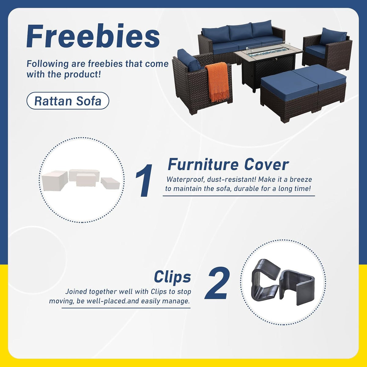 6-Piece Patio Furniture Set Outdoor Furniture Set with 45'' Propane Gas Fire Pit Table Outdoor Conversation Set Wicker Sofa Set Non-Slip Cushions Waterproof Covers, Navy Blue