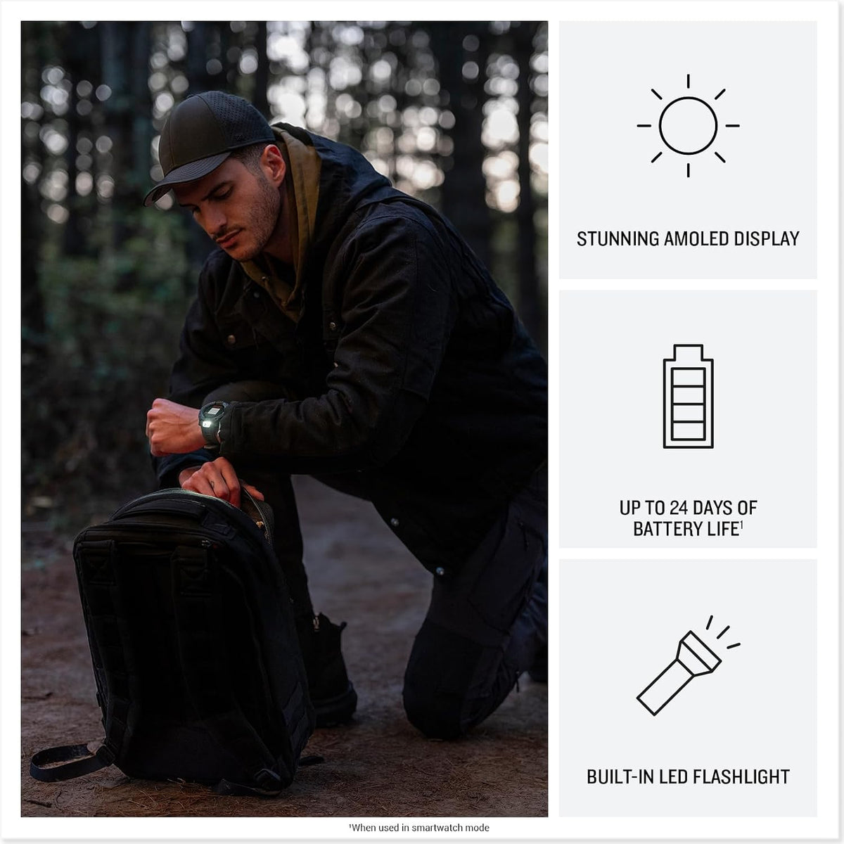 Garmin Instinct 3 Tactical Edition AMOLED 50mm Display, Rugged Outdoor GPS Smartwatch Bundle with USB Wall Charger + Microfiber Cleaning Cloth
