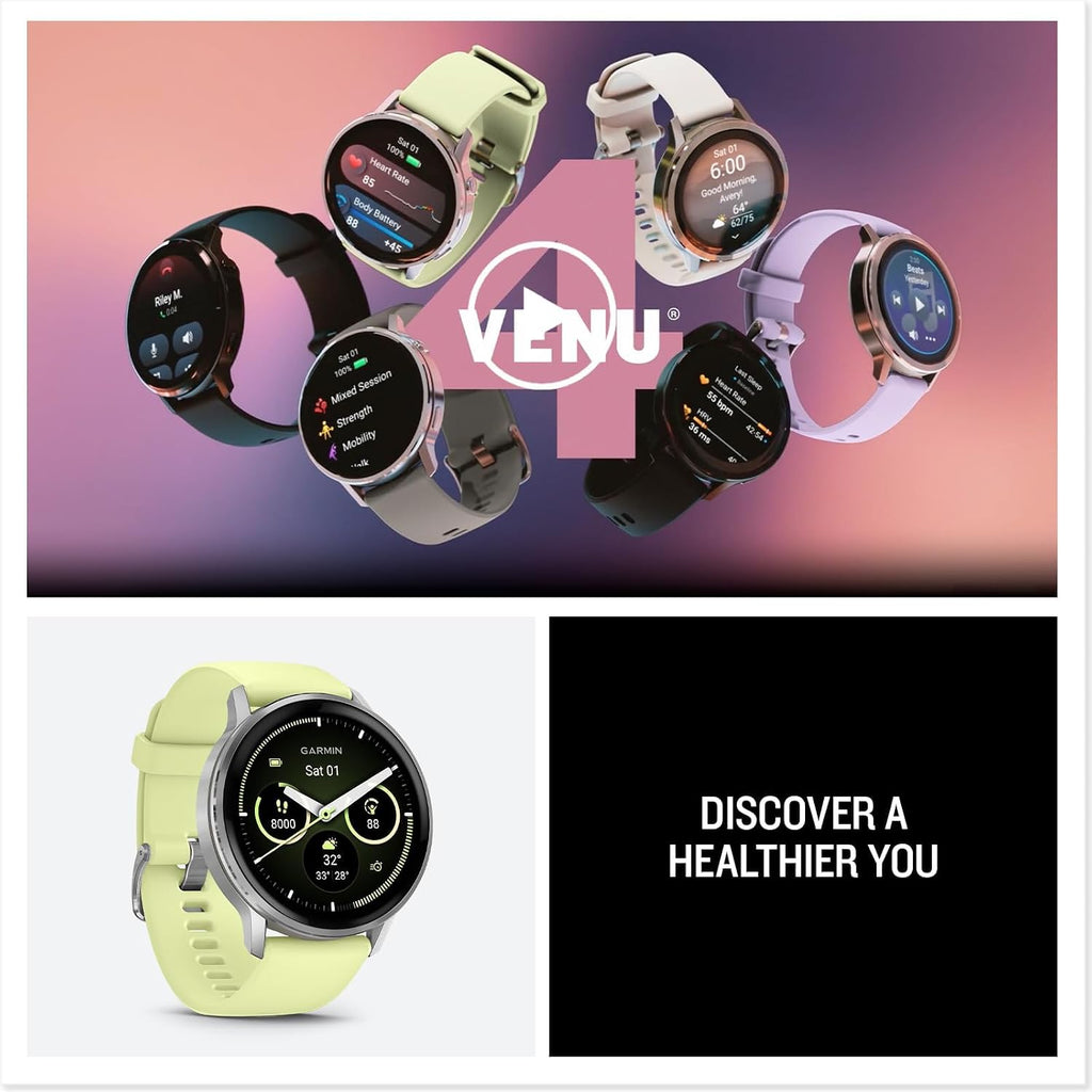 Garmin Venu 4 (45mm) Smartwatch – GPS, AMOLED, Sleep Coach, Body Battery, Silver with Citron Silicone Band Bundle with Deco Essentials Charging Dock, 3-Pack Dust Covers & 1.4' Screen Protector