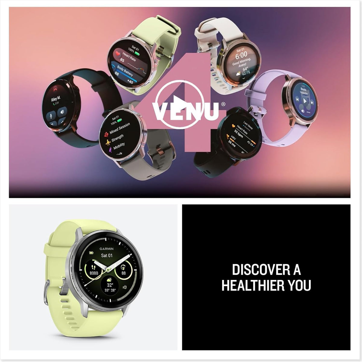 Garmin Venu 4 (45mm) Smartwatch – GPS, AMOLED, Sleep Coach, Body Battery, Silver with Citron Silicone Band Bundle with Deco Essentials Charging Dock, 3-Pack Dust Covers & 1.4' Screen Protector