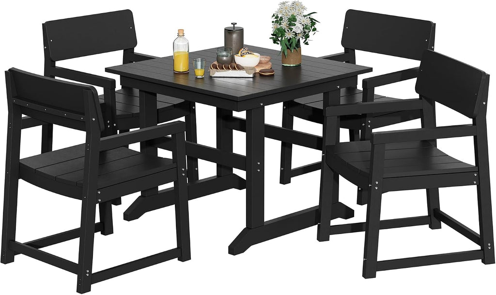 Vongrasig 5 Pieces Patio Dining Set, All Weather Outdoor HDPE Dining Furniture Set with Table and Chairs for 4, Garden Patio Furniture Set for Lawn, Backyard, Poolside, Black