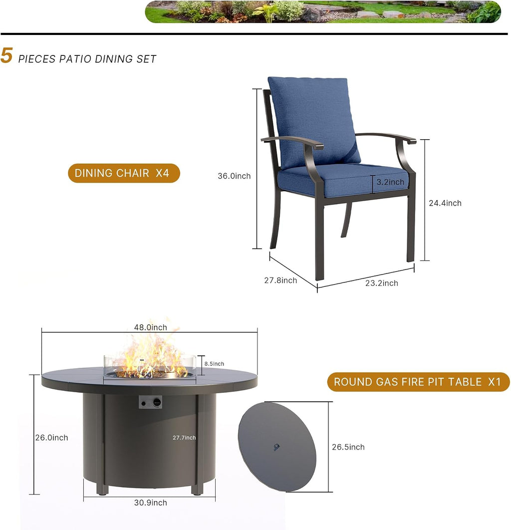 5 Pcs Metal Outdoor Patio Furniture Set with 48'/55000 BTU Outdoor Round Propane Fire Pit Table,Patio Conversation Sets 4 Fixed Chairs No-Slip Cushions and Waterproof Covers,NavyBlue