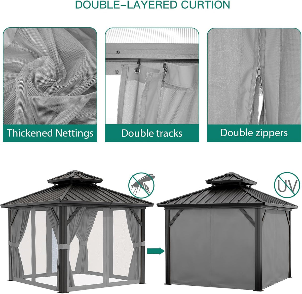 GarveeLife 10x10 ft Double Roof Hardtop Gazebo, Heavy Duty Galvanised Steel Hardtop Pavilion with Nettings and Curtains, Aluminum Gazebo for Patio, Terrace, Lawn and Deck, Grey