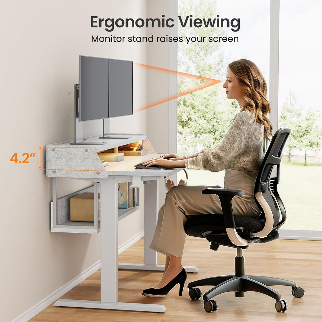 ErGear Electric Standing Desk, 55x28 Inch Adjustable Sit Stand Desk with Bookshelf & Monitor Stand, Standing Gaming Desk with LED Light Strip, Stand Up Desk for Home Office, White
