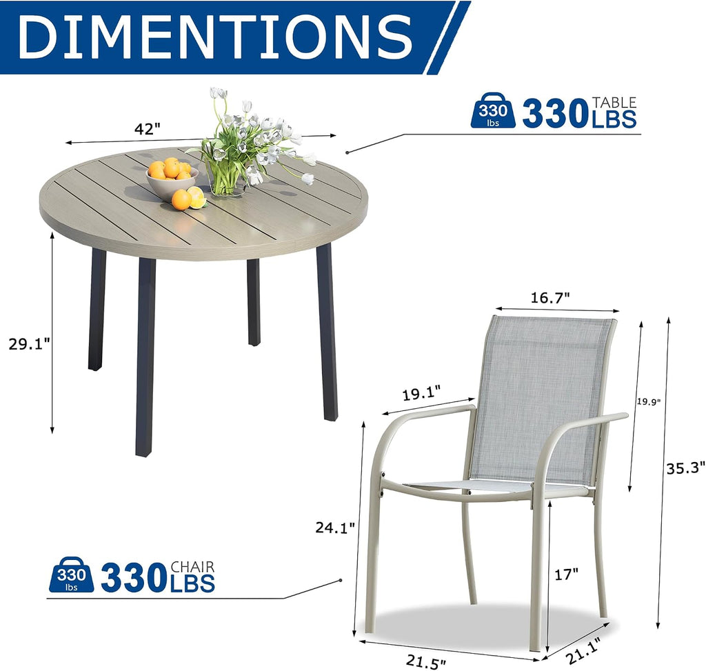 5 Pieces Patio Dining Set for 4, Beige Blue Patio Stackable Chairs and Honey Oak Round Table Set of 4, Outdoor Furniture Set with Sling Support for Outside, Garden
