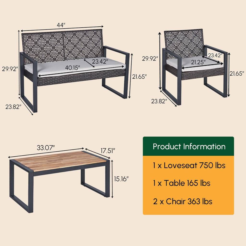 BEEFURNI Wicker Patio Furniture Outdoor Conversation Set of 4, Rattan Outdoor Furniture Set, Acacia Wood Table, 2 Chairs, 1 Loveseat, 2' Cushions, All Weather Set for Patio, Porch, Balcony (Black)