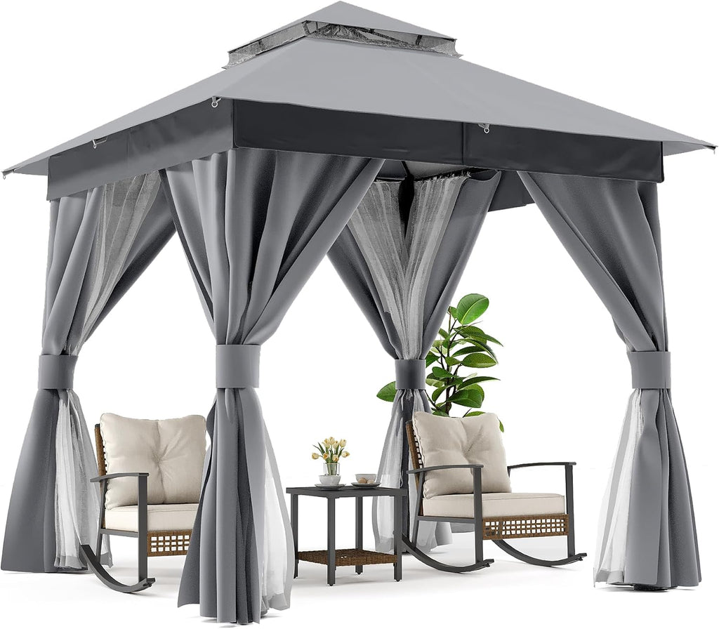 LAUSAINT HOME 8'x8' Outdoor Gazebo, Metal Frame Heavy Duty Patio Canopy Tent Shelter with Double Roofs, Mosquito Nettings and Privacy Screens for Backyard, Garden, Lawn, Gray