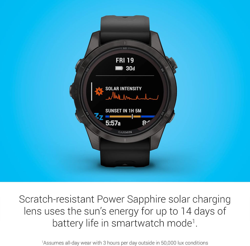 Garmin fēnix 7S Pro Sapphire Solar, Multisport GPS Smartwatch, Built-in Flashlight, Solar Charging Capability, Black