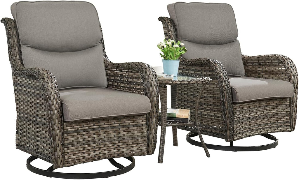 Rilyson Wicker Rocking Chair Swivel Chairs - 3 Piece Rocker Patio Furniture Set Rattan Rocking Bistro Sets with Glass Top Side Table for Outdoor Porch Deck Garden Backyard (Mixed Grey/Grey/Smile)