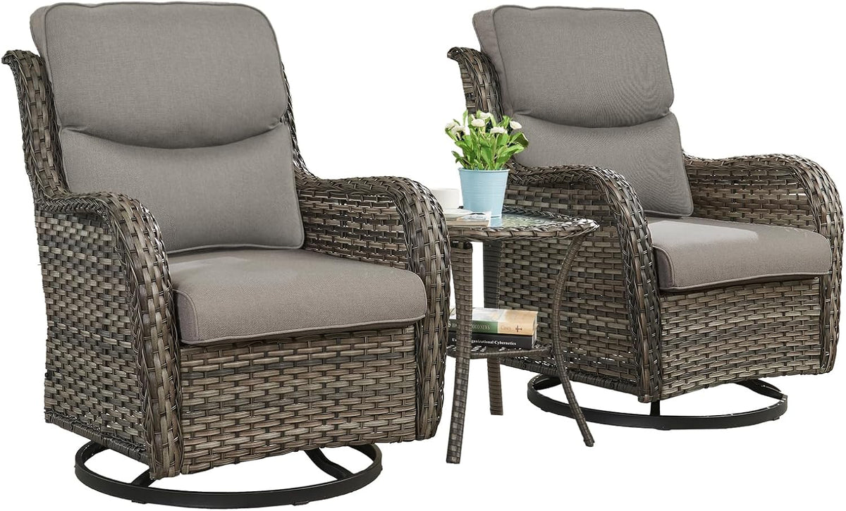 Rilyson Wicker Rocking Chair Swivel Chairs - 3 Piece Rocker Patio Furniture Set Rattan Rocking Bistro Sets with Glass Top Side Table for Outdoor Porch Deck Garden Backyard (Mixed Grey/Grey/Smile)