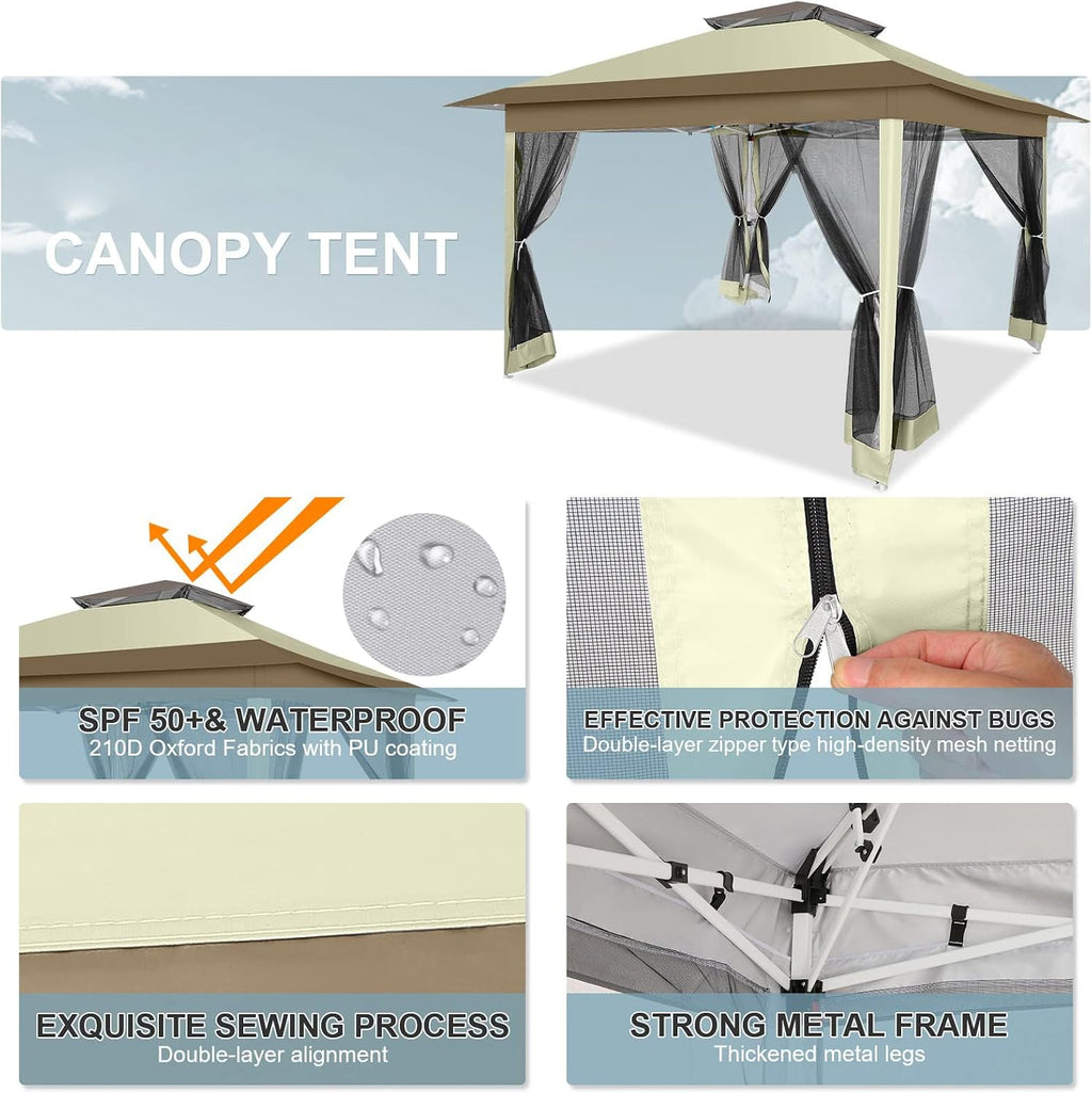 COBIZI 12x12 FT Pop up Gazebo on Clearance Canopy Tent, Carpas para Patio, Easy up Outdoor Canopy Tents with Portable Storage Bag for Backyard, Outdoor Waterproof Gazebos for Garden, Camping, Khaki