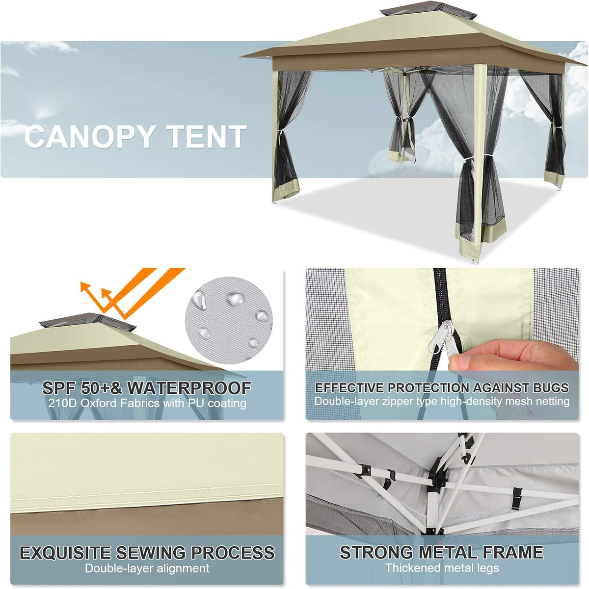 COBIZI 12x12 FT Pop up Gazebo on Clearance Canopy Tent, Carpas para Patio, Easy up Outdoor Canopy Tents with Portable Storage Bag for Backyard, Outdoor Waterproof Gazebos for Garden, Camping, Khaki