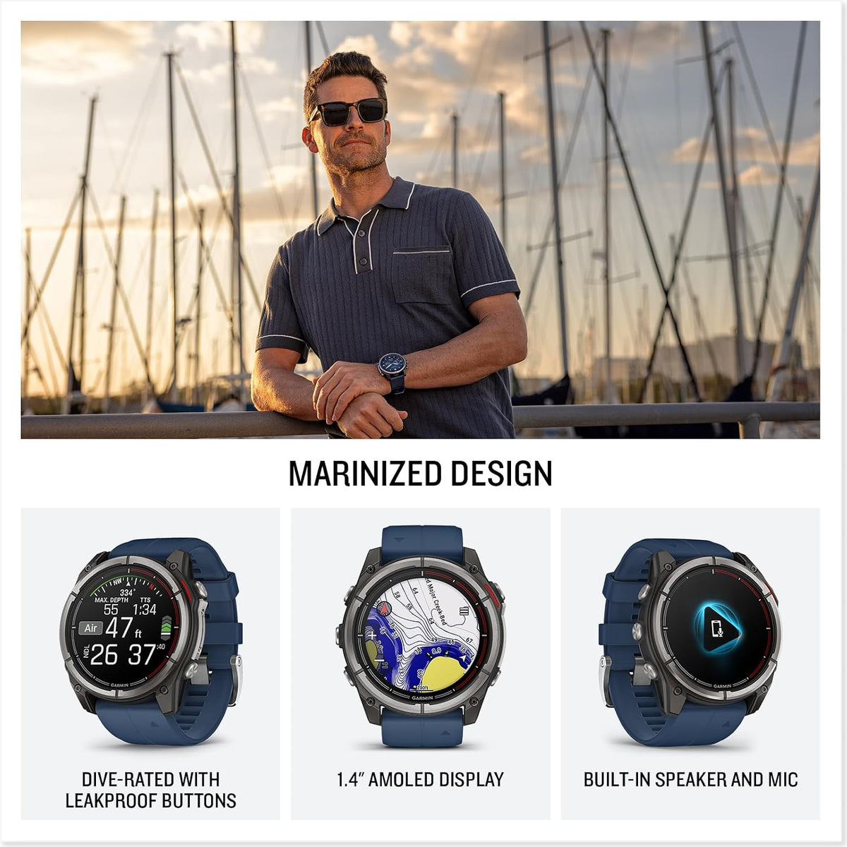Garmin® quatix® 8, 51 mm, Marine GPS Smartwatch, Bright AMOLED Display, Chartplotter Controls, Built-in Flashlight, 24/7 Health & Wellness Features