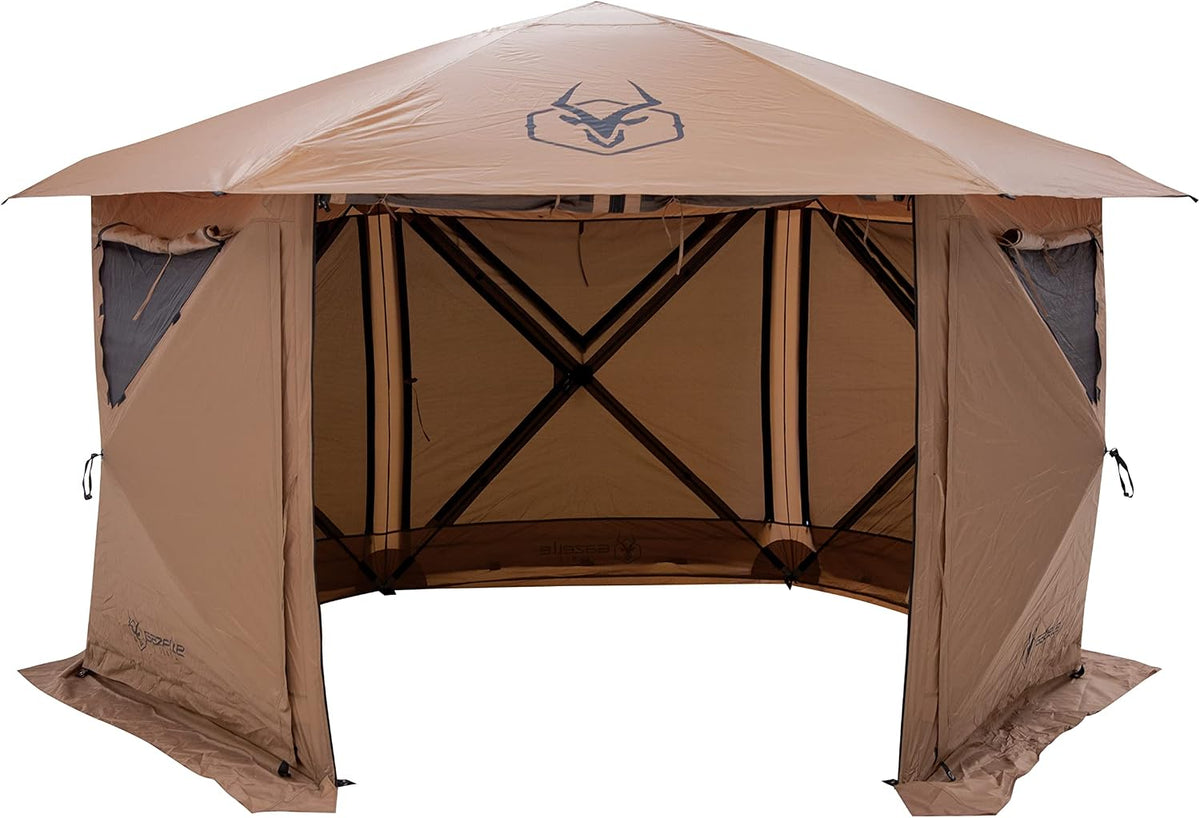 Gazelle Tents™ G6 Cool Top 6-Sided Portable Gazebo, Easy Pop-Up Hub Screen Tent, Waterproof, UV Resistant, 8-Person & Table, Badlands Brown, 91' x 139' x 123', GG620BR