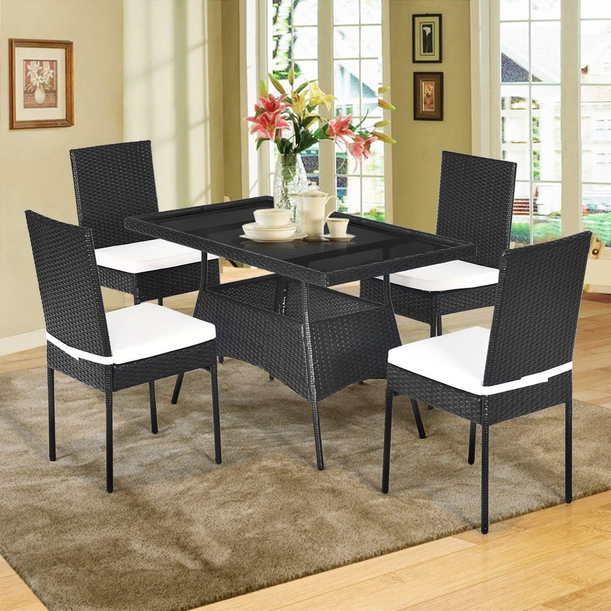 Tangkula 5 Piece Wicker Patio Dining Set, Outdoor Rattan Table & Chairs Set with Tempered Glass Top & Padded Cushions, Patio Furniture Dining Table Set for Balcony Patio Garden Poolside