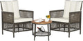 HAPPYGRILL 3 Pieces PE Wicker Bistro Set with Cushions, Patio Furniture Sofa Set with Side Table, Outdoor Conversation Set for Garden Poolside and Backyard