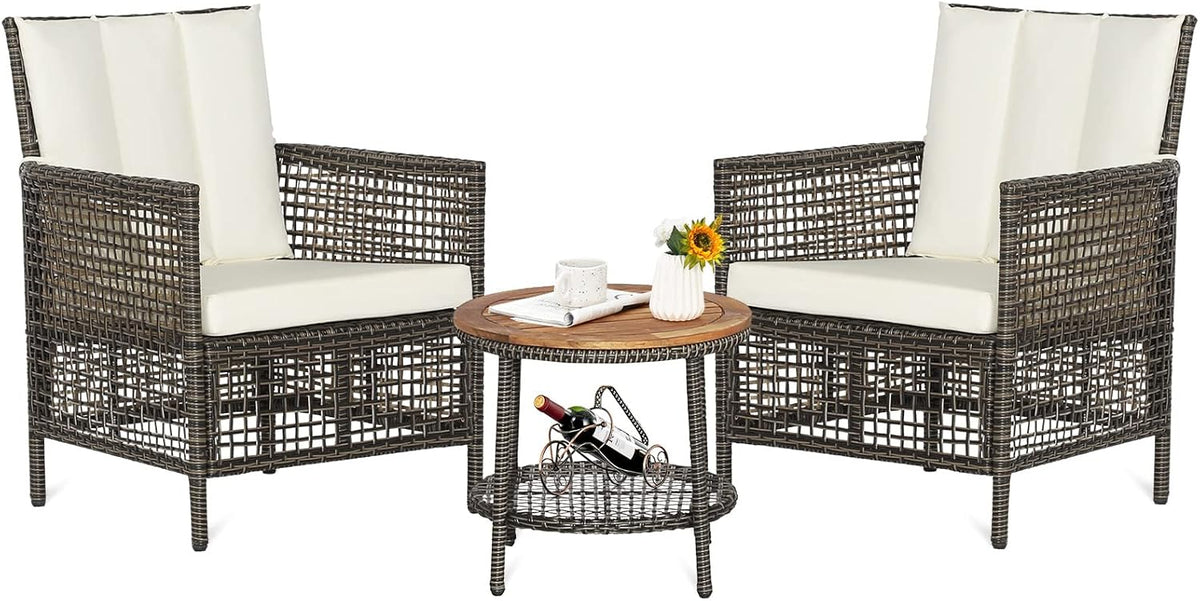 HAPPYGRILL 3 Pieces PE Wicker Bistro Set with Cushions, Patio Furniture Sofa Set with Side Table, Outdoor Conversation Set for Garden Poolside and Backyard