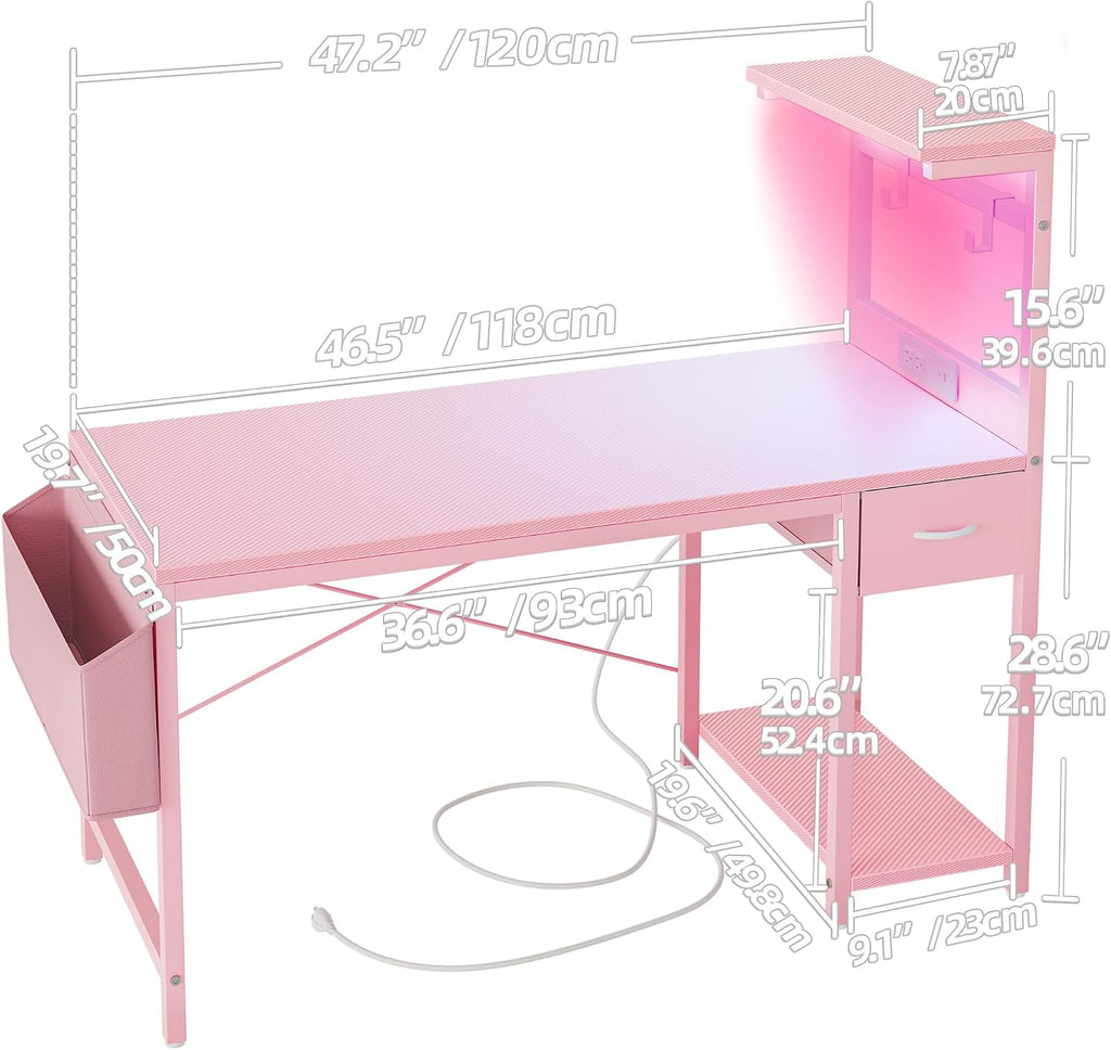 TIQLAB Gaming Desk 47 inch with Power Outlet and LED Light, Computer Desk with Reversible Shelves and Storage Drawer, Small PC Desk for Home Office Table with Bag, Carbon Fiber Pink