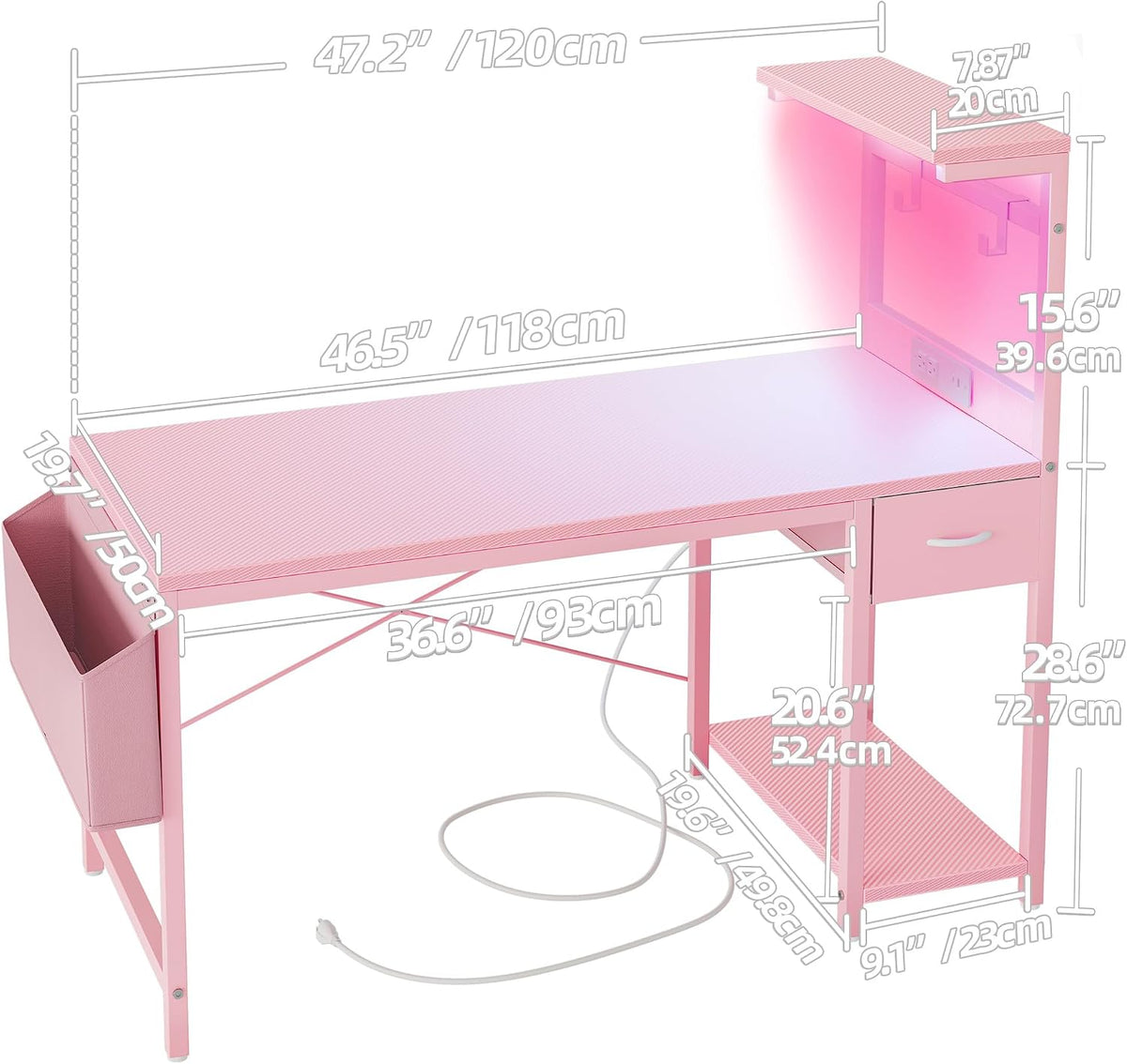 TIQLAB Gaming Desk 47 inch with Power Outlet and LED Light, Computer Desk with Reversible Shelves and Storage Drawer, Small PC Desk for Home Office Table with Bag, Carbon Fiber Pink