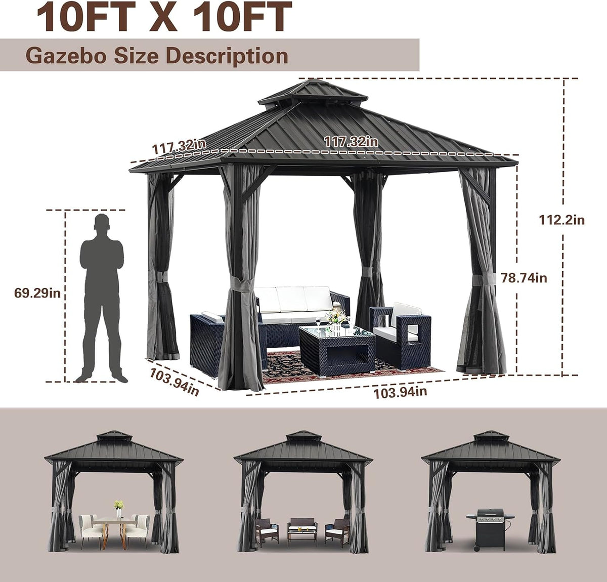 10 * 10FT Gazebo with Galvanized Steel Double Top Canopy, Aluminum Frame Outdoor Permanent Hardtop Gazebo for Patio, Garden, Backyard
