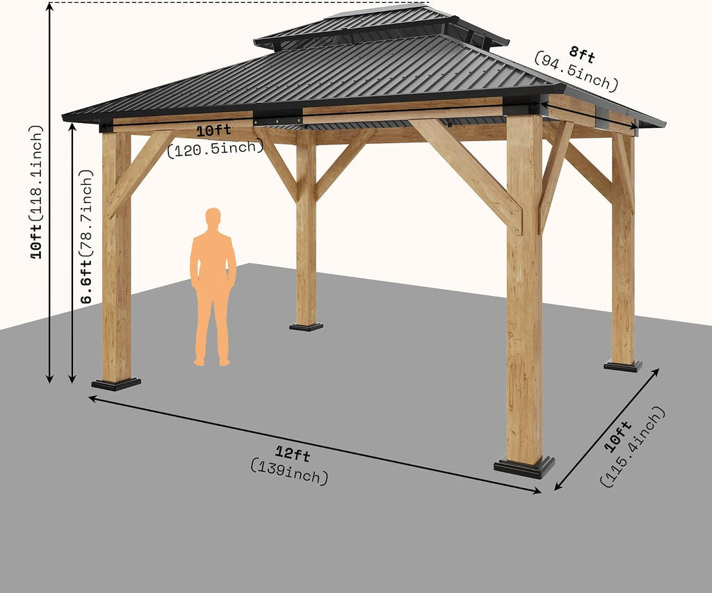 AMERLIFE 10x12 Spruce Wood Gazebo, Hardtop Gazebo with Aluminum Double Roof, Outdoor Pergola with Wood Frame for Parties, Backyard, Lawns, Patio