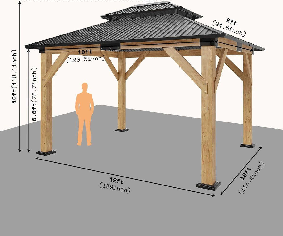 AMERLIFE 10x12 Spruce Wood Gazebo, Hardtop Gazebo with Aluminum Double Roof, Outdoor Pergola with Wood Frame for Parties, Backyard, Lawns, Patio