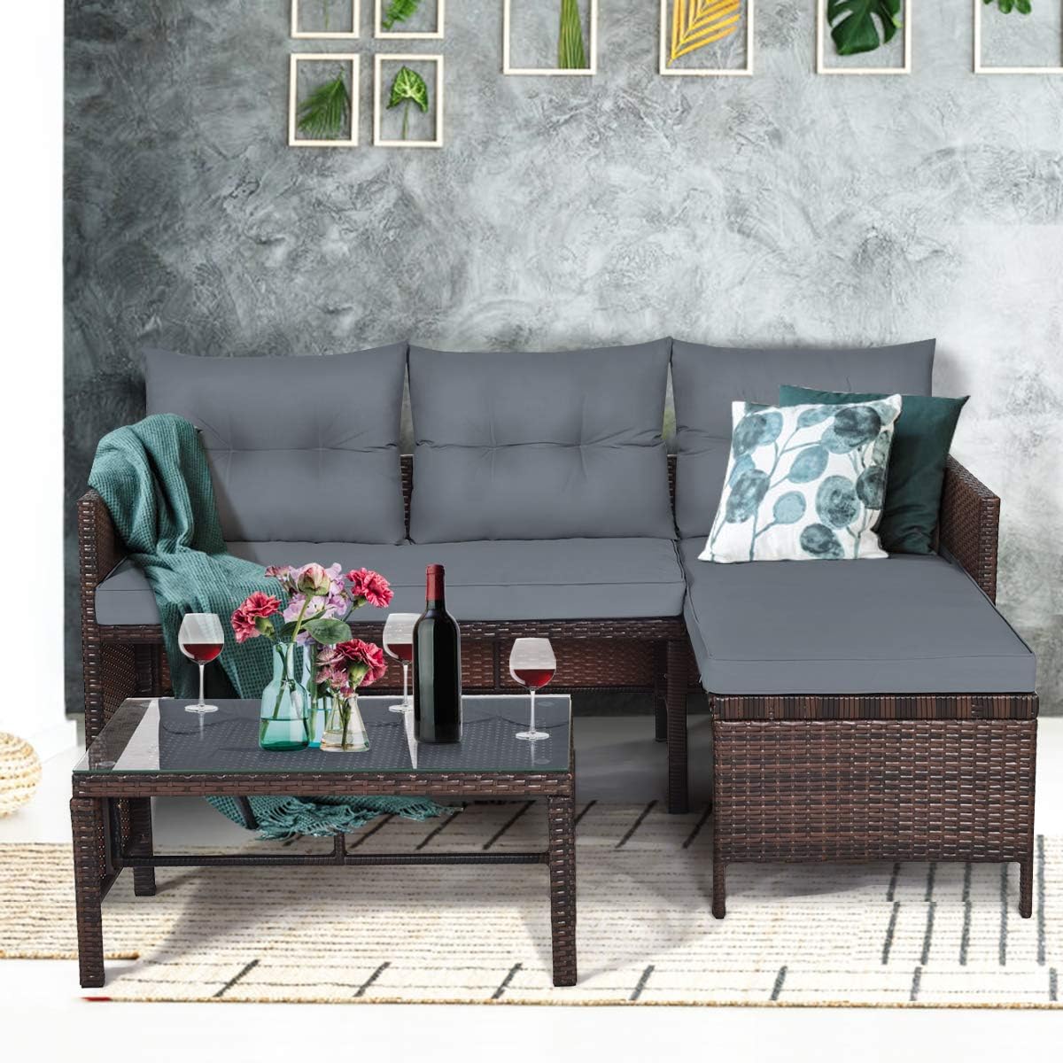 3 Pieces Rattan Sectional Sofa Set, Patio Wicker Rattan Conversation Set with Chaise Lounge, Love Seat & Coffee Table, Patio Furniture Set for Garden, Lawn, Poolside (Gray)