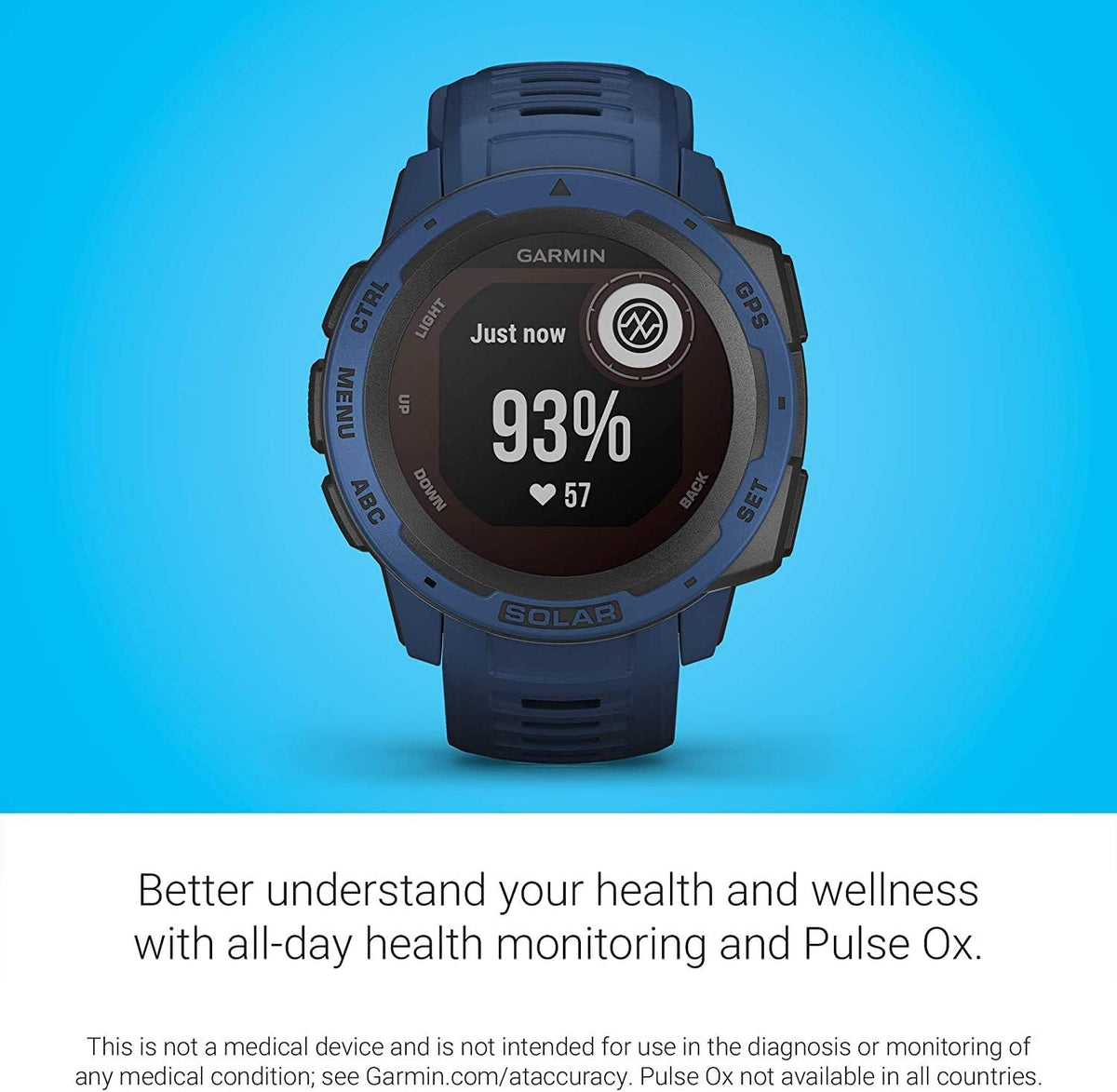 Garmin Instinct Solar, Solar-Powered Rugged Outdoor Smartwatch, Built-in Sports Apps and Health Monitoring, Dark Blue