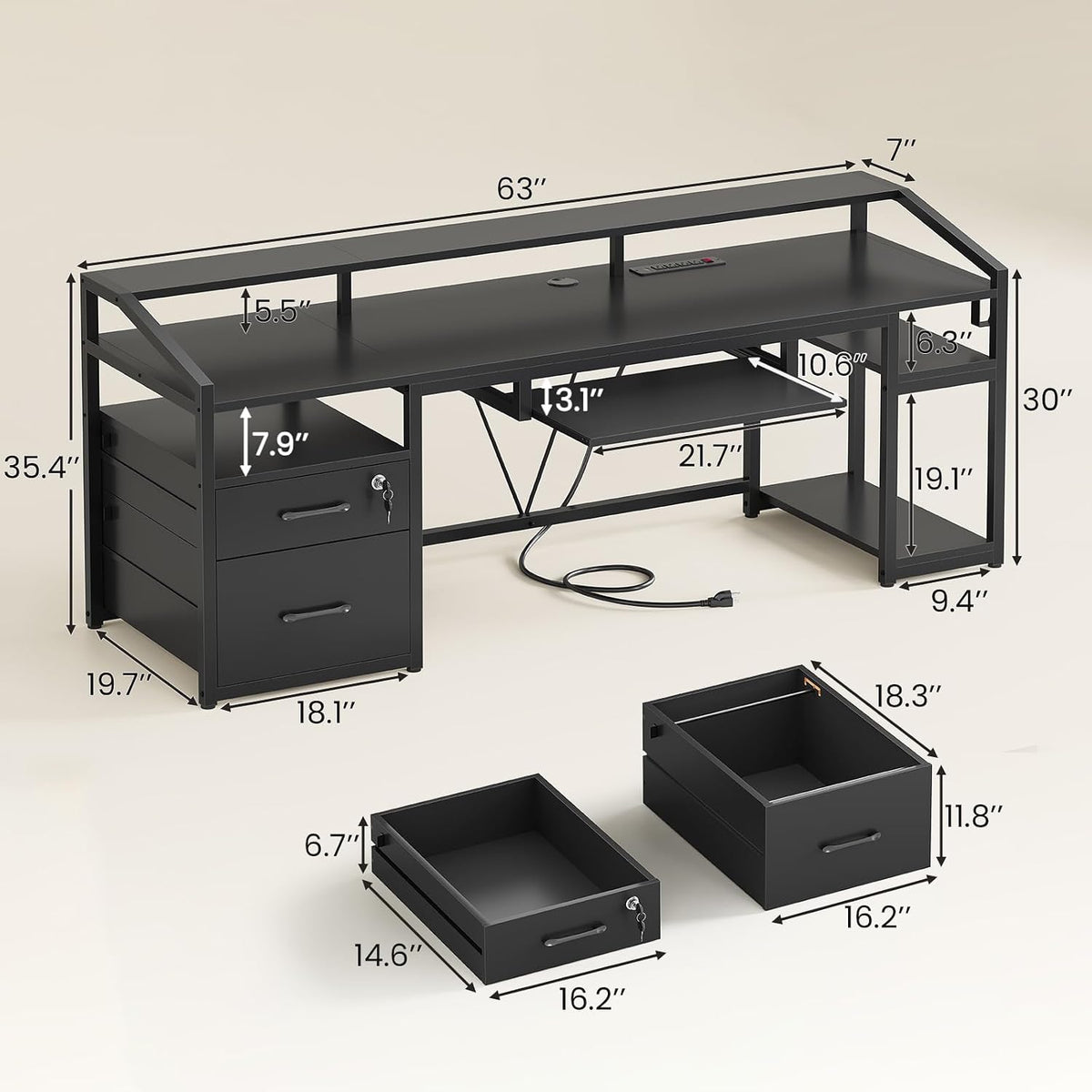 SEDETA 63' Computer Desk, Office Desk with Lockable Drawers for Legal/Letter File, Gaming Desk with LED Lights & Power Outlet, Home Office Desks with Storage, Black