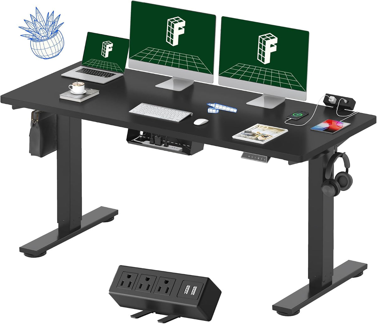 FLEXISPOT EN2 Whole-Piece Standing Desk with Clamp Power Strip, 60 x 24 Electric Stand Up Height Adjustable Desk with Cable Management (Black Frame + 60' Black Top, 2 Packages)
