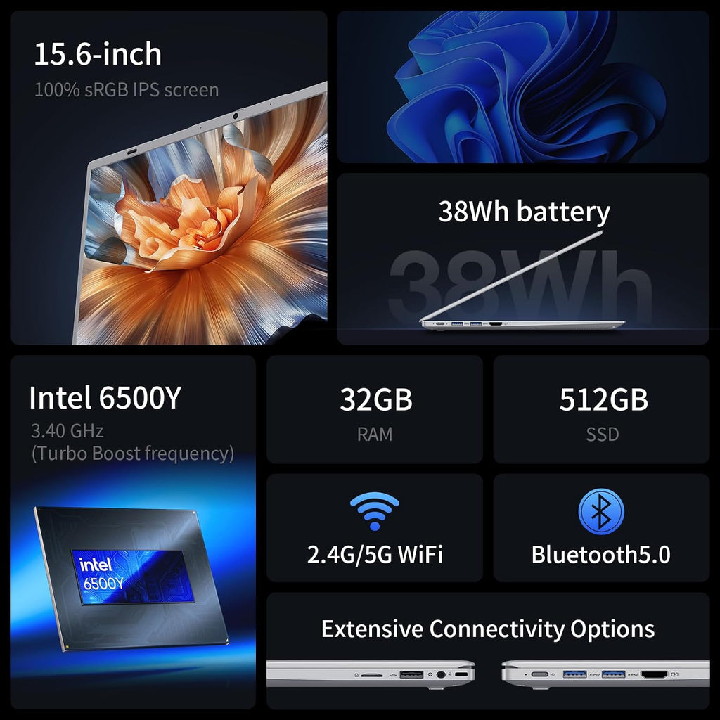 UOWAMOU 15.6 IPS-FHD-Laptop, 32GB RAM 512GB SSD 6500Y (up to 3.4GHz), Multi-Ports Lightweight Computer for Student-Home WiFi 5 BT5.0