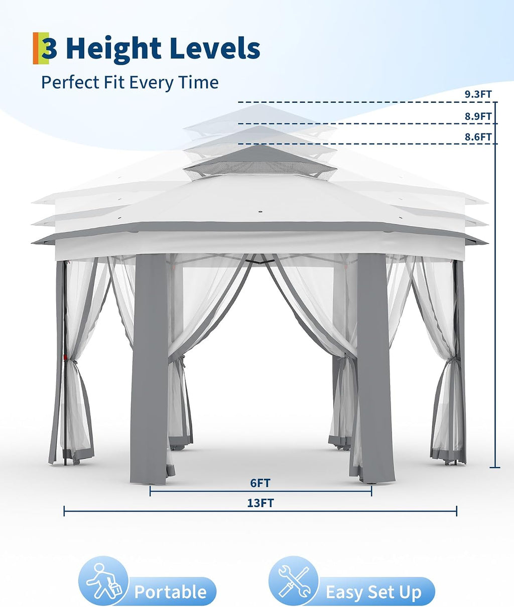 GarveeLife 13'x13' Pop-Up Gazebo, Outdoor Hexagonal Patio Gazebo with Mosquito Netting, Instant Setup Canopy Tent with Strong Steel Frame and Sandbags, for Backyard, Gardens, Patio (Grey)