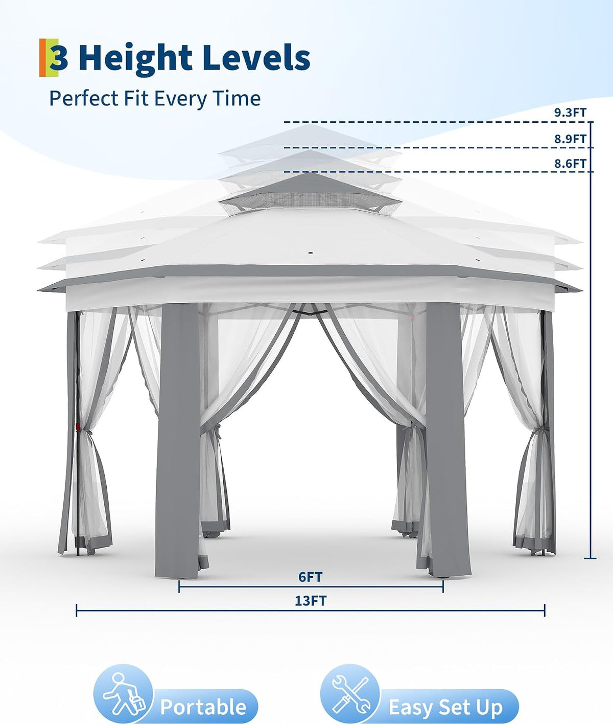 GarveeLife 13'x13' Pop-Up Gazebo, Outdoor Hexagonal Patio Gazebo with Mosquito Netting, Instant Setup Canopy Tent with Strong Steel Frame and Sandbags, for Backyard, Gardens, Patio (Grey)