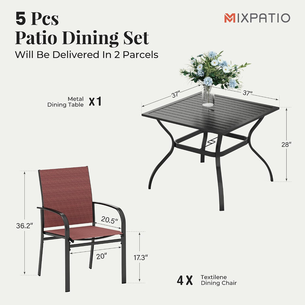 MIXPATIO 5 Pieces Patio Table and Chairs Set, 4 Person Outdoor Dining Furniture Set, 4 Red Textilene Chairs and 37' Square Metal Table with Umbrella Hole, for Deck Backyard Lawn