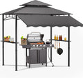 8'X8' Grill Gazebo Canopy - Heavy Duty Steel Frame, Double Tiered Grill Canopy for Outdoor Grill W/Shelves, Ceiling Hooks and Ground Stakes, Outdoor Patio Canopys Tent BBQ Gazebo Backyard(Grey)