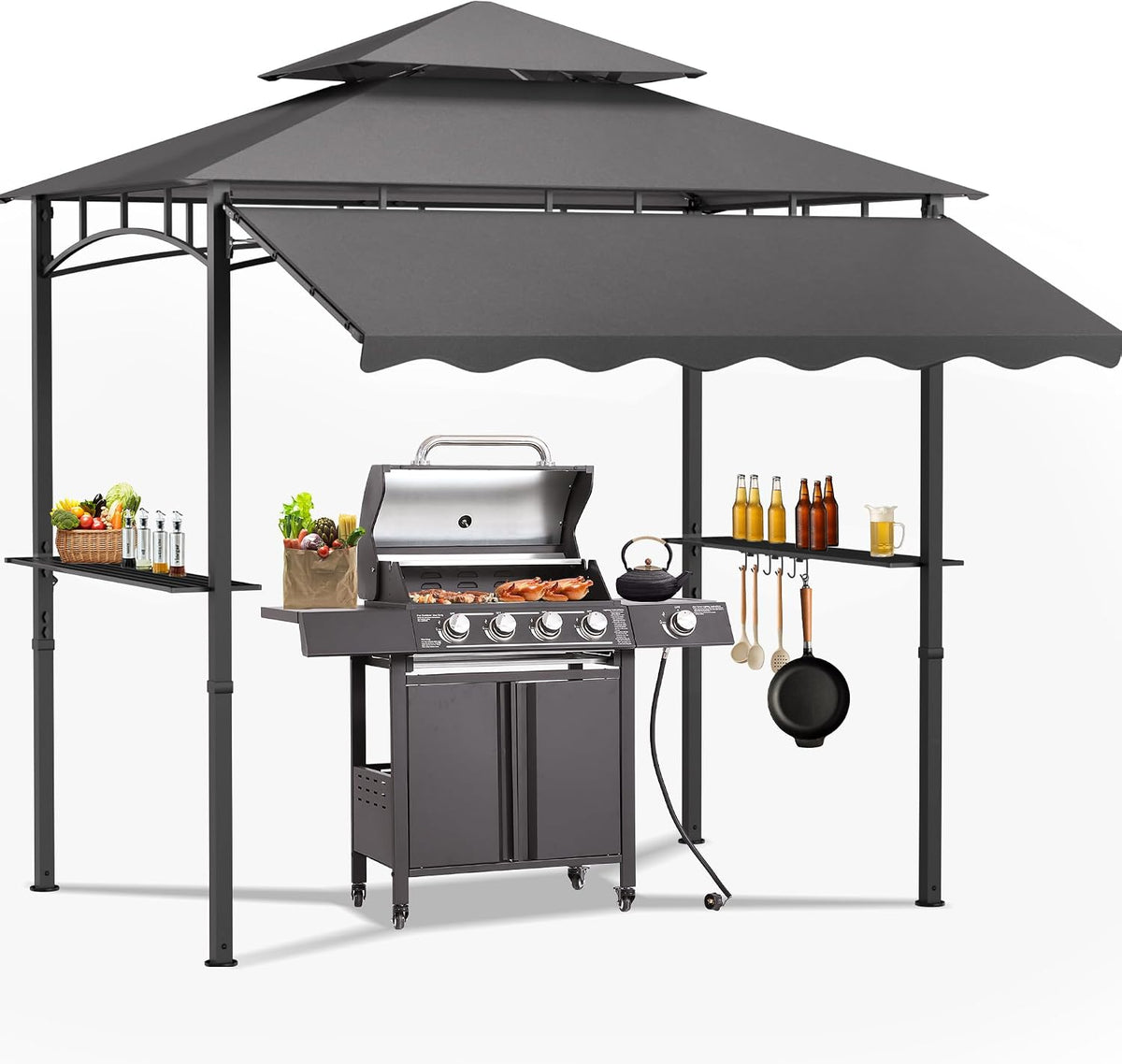 8'X8' Grill Gazebo Canopy - Heavy Duty Steel Frame, Double Tiered Grill Canopy for Outdoor Grill W/Shelves, Ceiling Hooks and Ground Stakes, Outdoor Patio Canopys Tent BBQ Gazebo Backyard(Grey)