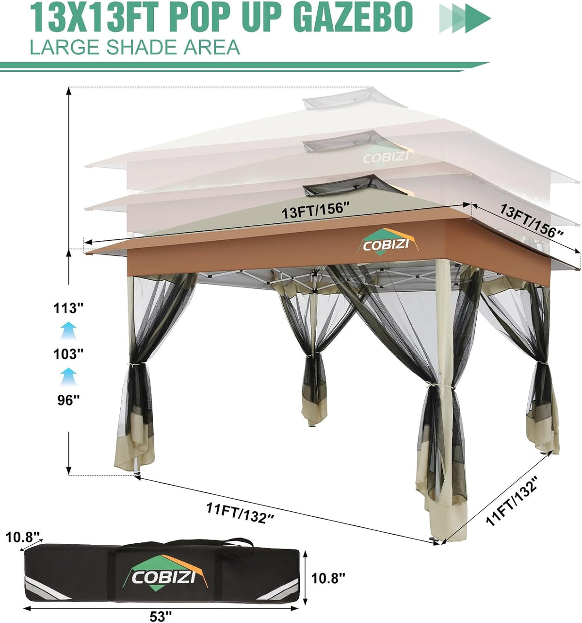 COBIZI 13x13 Pop Up Canopy Tent-Gazebos On Clearance Upgrade Metal Outdoor Canopy Waterproof - Portable Gazebo with Mosquito Nettings, 4 Ropes 8 Stakes and Carry Bag for Patio Garden(Khaki)