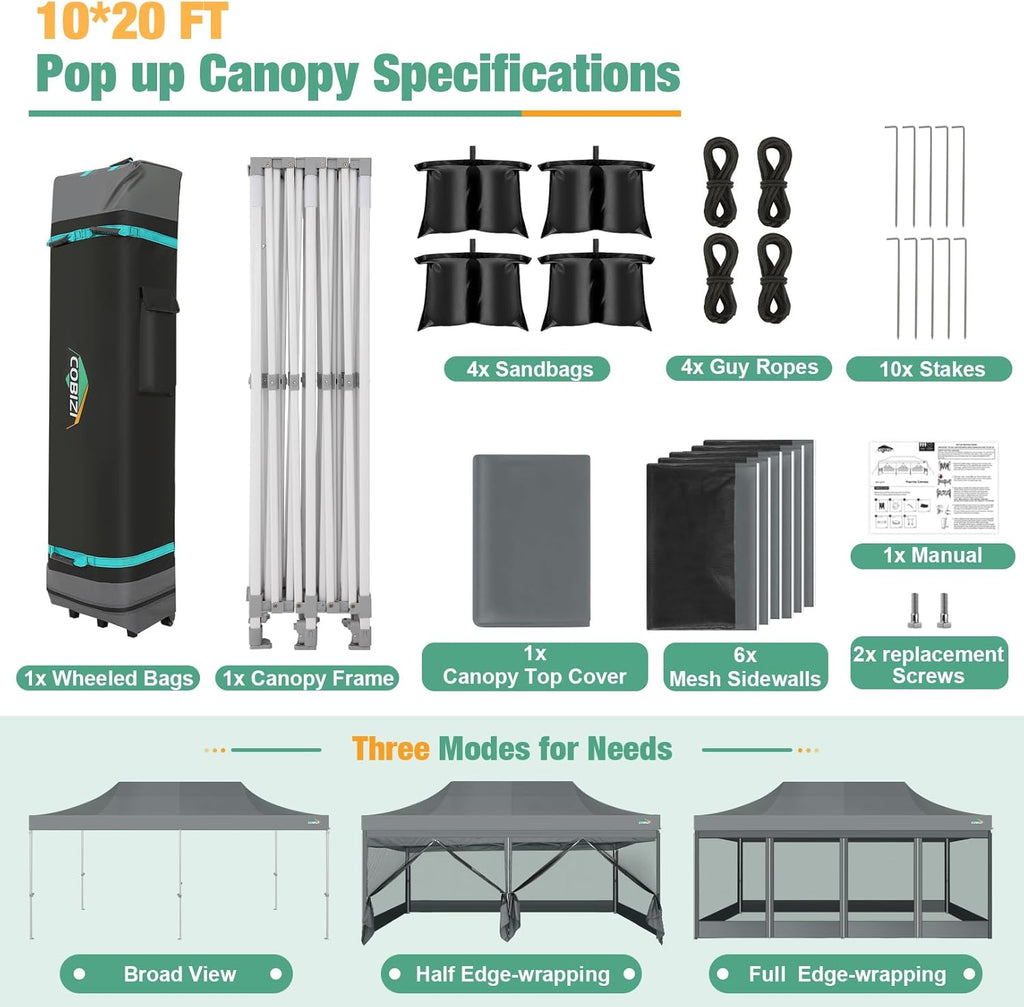 COBIZI 10x20 Canopy Tent, Heavy Duty Pop up Canopy with Sidewalls, Waterproof Easy Setup Canopy with Mosquito Netting, Outdoor Instant Screen Tents for Parties, Wedding with Roller Bag, Gray