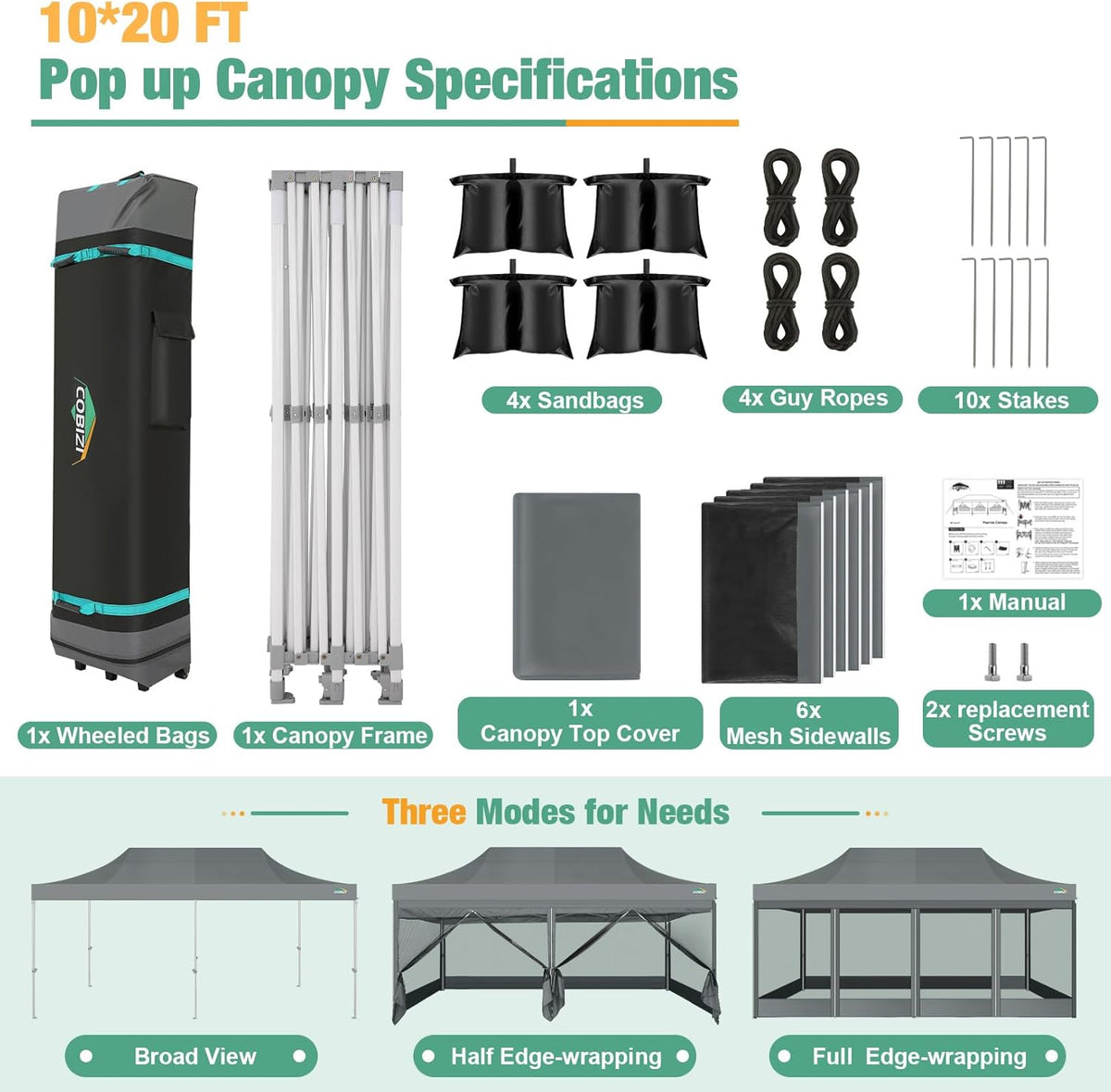 COBIZI 10x20 Canopy Tent, Heavy Duty Pop up Canopy with Sidewalls, Waterproof Easy Setup Canopy with Mosquito Netting, Outdoor Instant Screen Tents for Parties, Wedding with Roller Bag, Gray