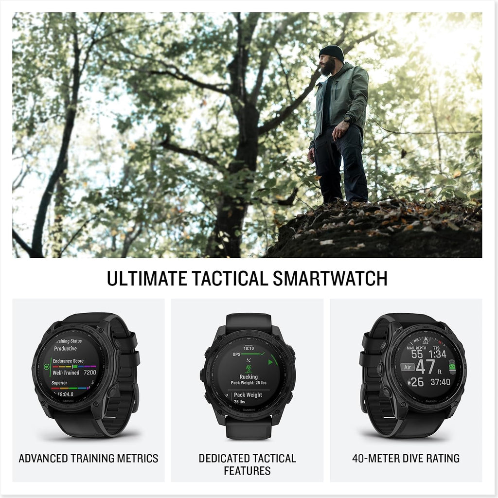 Garmin Tactix 8 51mm Solar Charged Display Smart Watch, Built-in Flashlight, 48 Days Battery Life, Premium Tactical GPS Smartwatch, Applied Ballistics Ultralight Solver Bundle + Earbuds and More