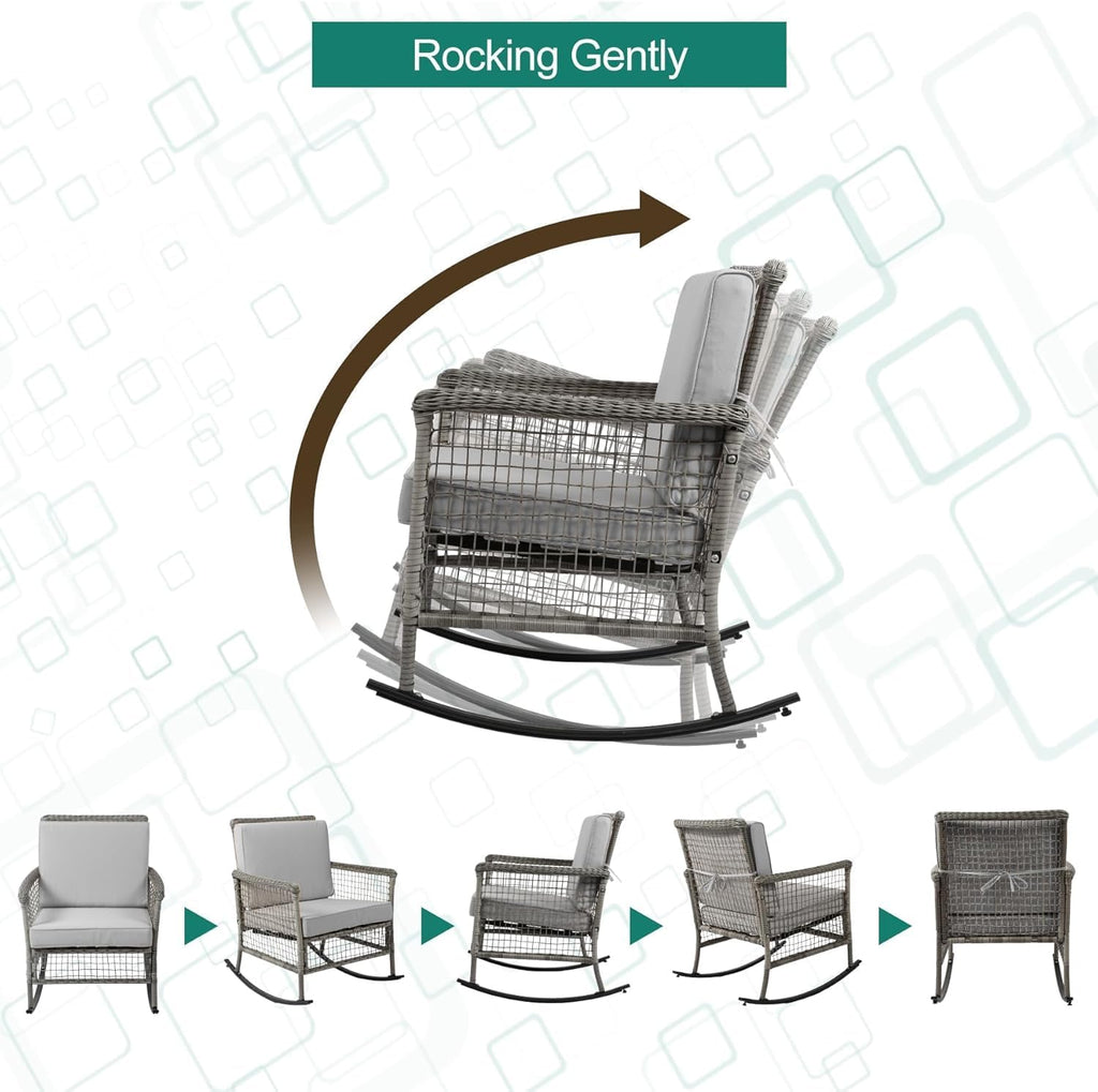 DECMICO 3-Piece Wicker Rocking Chair Set, Patio Bistro Furniture with Cushions & Side Table, Rattan Outdoor Conversation Bistro Set for Outdoor Use, Grey