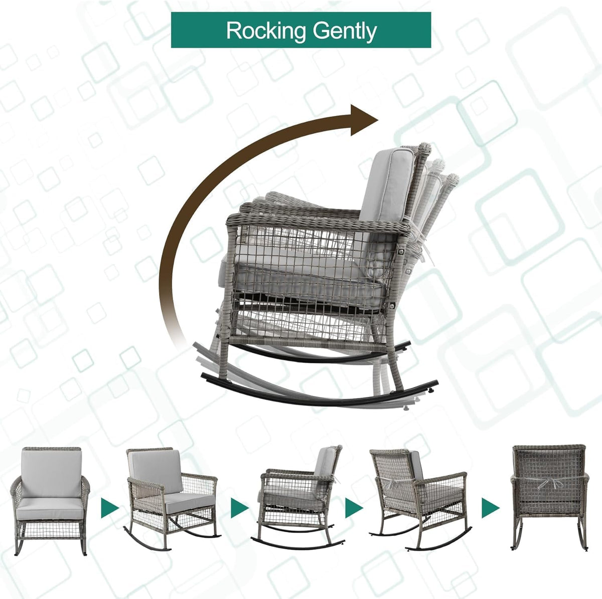 DECMICO 3-Piece Wicker Rocking Chair Set, Patio Bistro Furniture with Cushions & Side Table, Rattan Outdoor Conversation Bistro Set for Outdoor Use, Grey