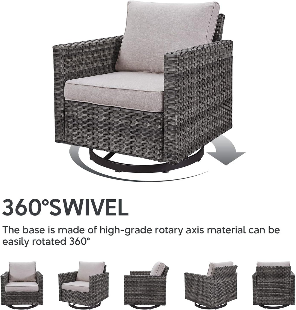 6 Piece Wicker Patio Furniture Set - Outdoor Swivel Rocker Chairs Set with Coffee Table, 3 Seat Sofa & Ottomans, Small Patio Conversation Sets Proch Furniture for Balcony Deck - Grey/Beige