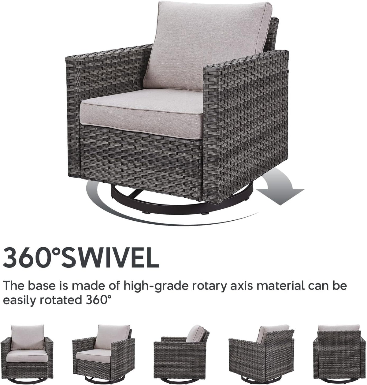 6 Piece Wicker Patio Furniture Set - Outdoor Swivel Rocker Chairs Set with Coffee Table, 3 Seat Sofa & Ottomans, Small Patio Conversation Sets Proch Furniture for Balcony Deck - Grey/Beige