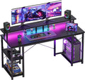 ODK 55 inch Gaming Desk with LED Lights & Power Outlets, Computer Desk with Monitor Stand & Storage Shelves, CPU Stand, Home Office Desk, Black