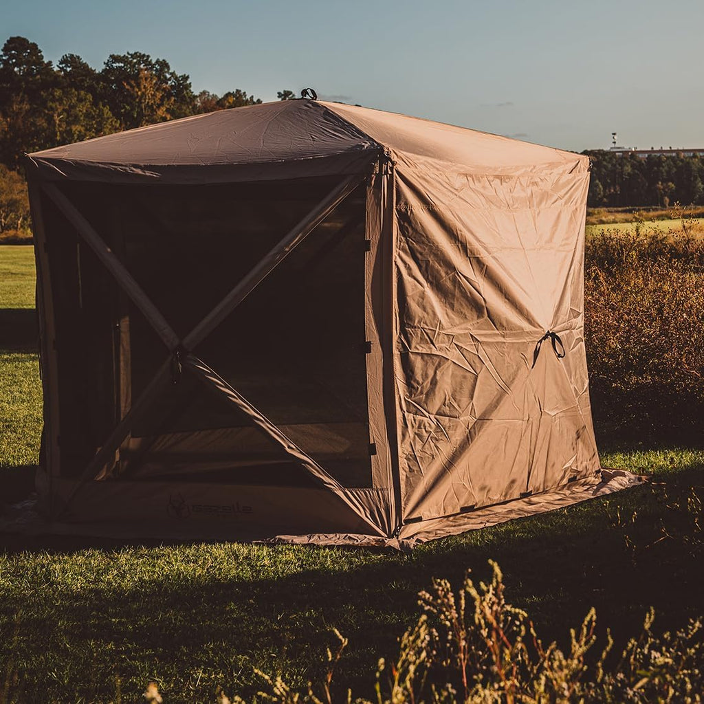 Gazelle Tents™ G5 5-Sided Portable Gazebo with TriTech Mesh, Pop-Up Hub Screen Tent, Waterproof, UV Resistant, 4-Person & Table, Desert Sand, 85' x 115' x 106', GK913, Includes 3 Pack of Wind Panels