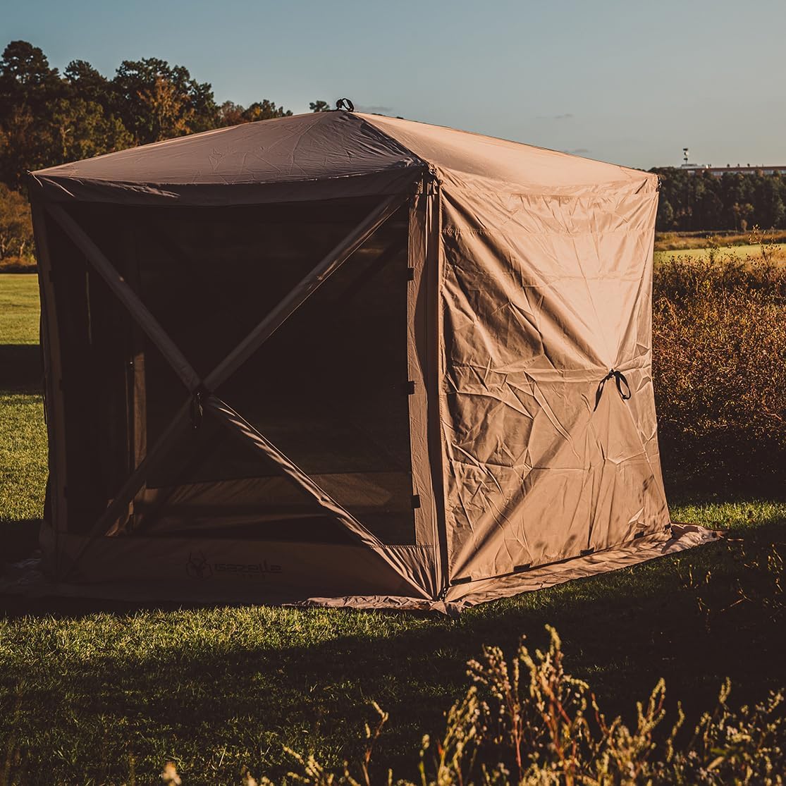 Gazelle Tents™ G5 5-Sided Portable Gazebo with TriTech Mesh, Pop-Up Hub Screen Tent, Waterproof, UV Resistant, 4-Person & Table, Desert Sand, 85' x 115' x 106', GK913, Includes 3 Pack of Wind Panels