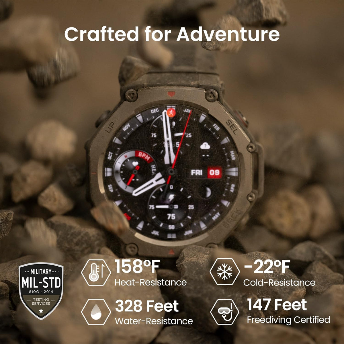 Amazfit Refurbished T-Rex 3 Rugged Military Smart Watch 48mm, GPS, Offline Maps, 100m Water-Resistant, Outdoor Fitness Smartwatch for Men, 170 Sport Modes, AI, Voice Control, Renewed (Black)